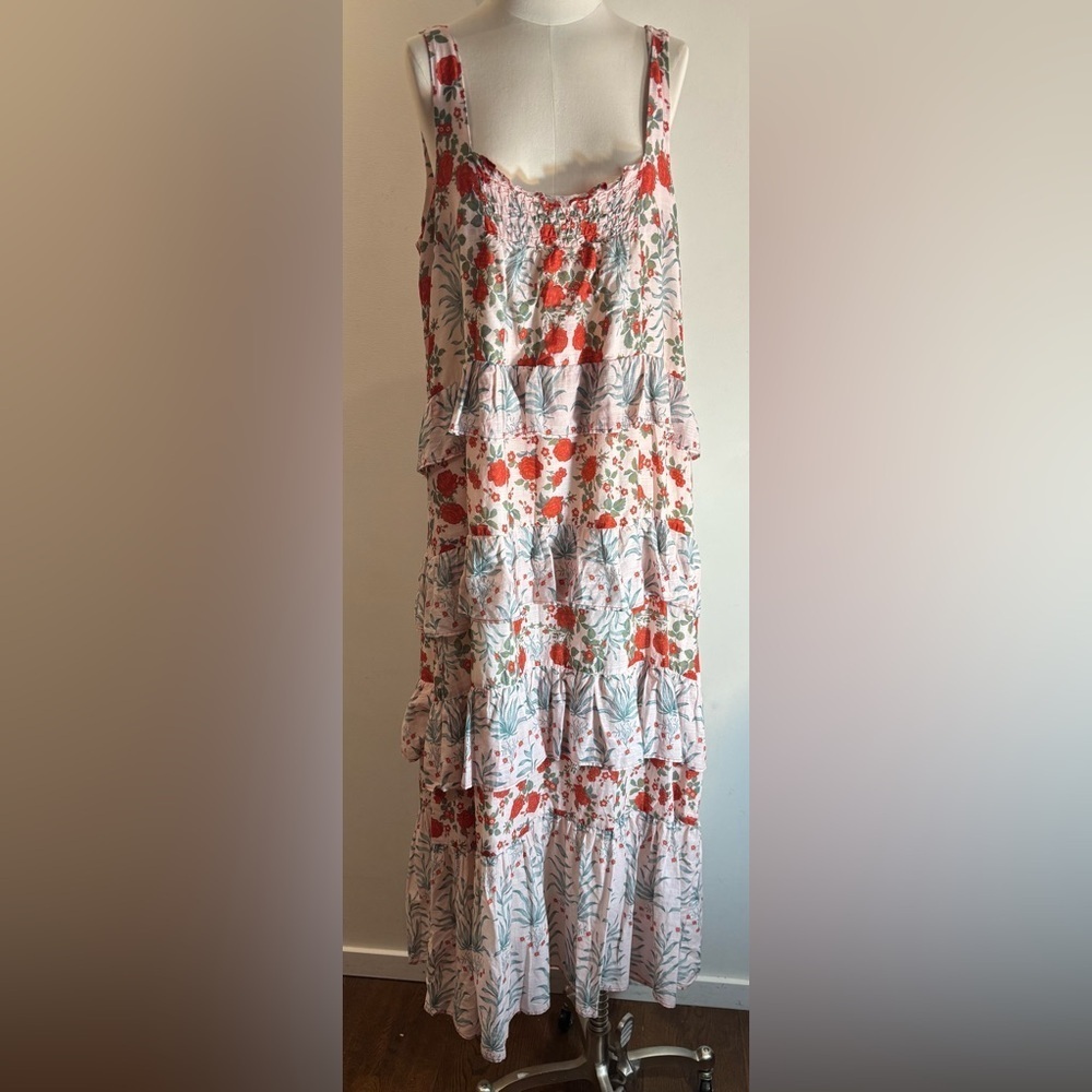 ANTHROPOLOGIE Sz M Floral Tiered Maxi Dress With Ruffles and Smocked Bodice - Picture 4 of 13